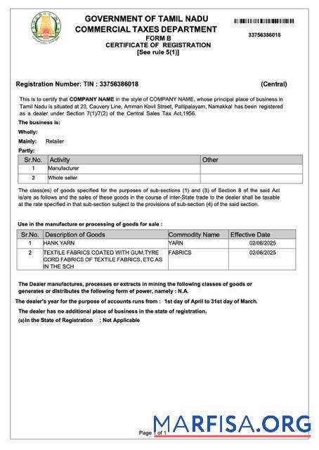Blank India Tamil Nadu certificate of registration Word and PDF template